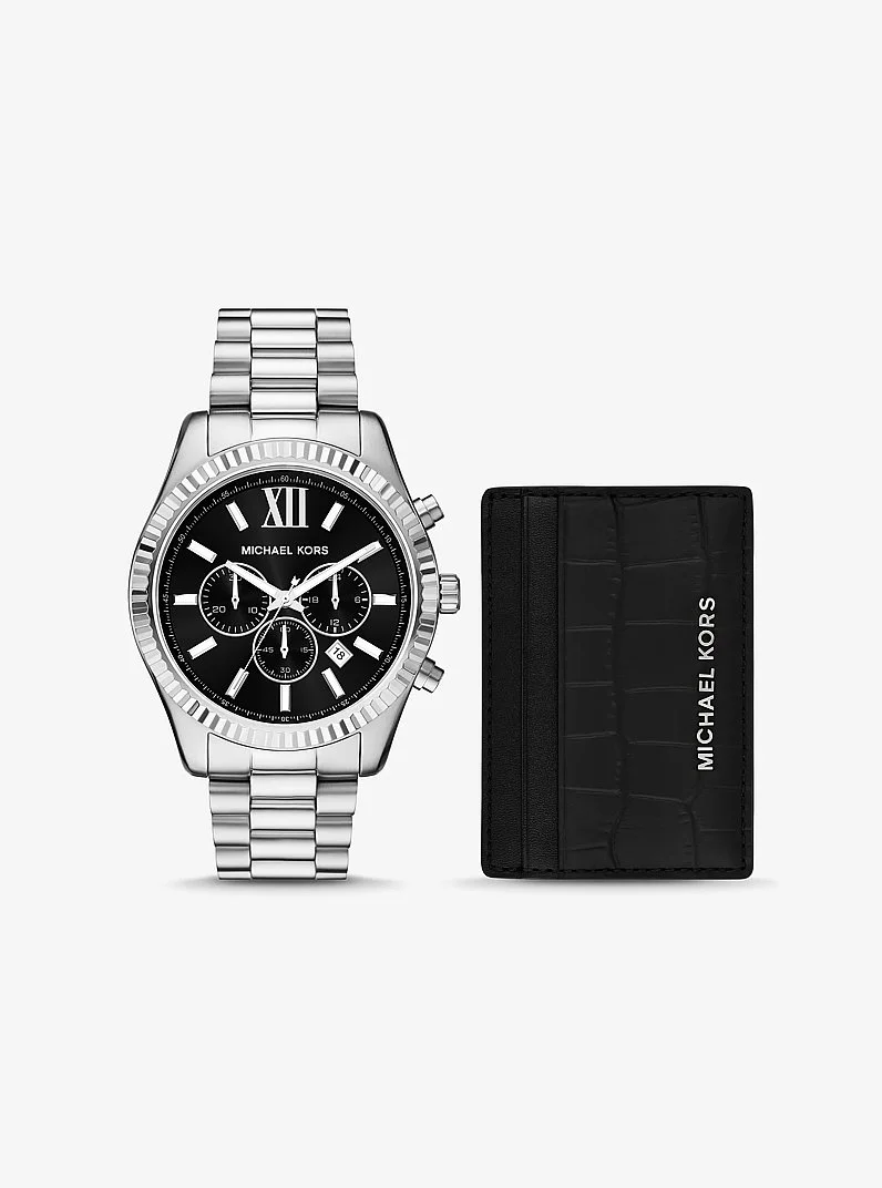 Oversized Lexington Silver-Tone Watch and Crocodile-Embossed Leather Card Case Gift Set - 1