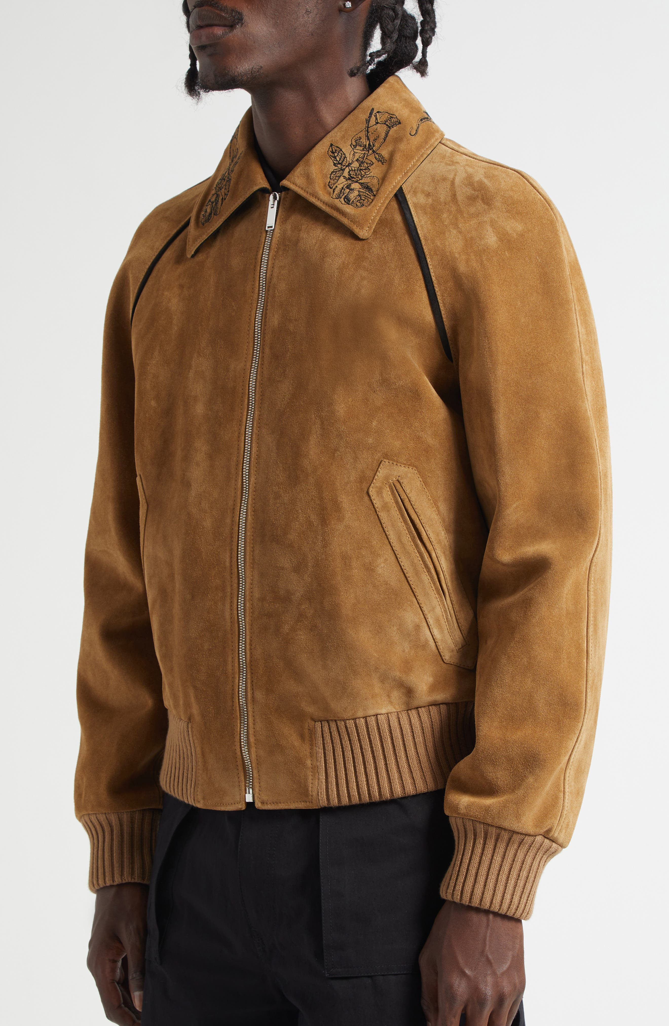 McQueen Crop Suede Bomber Jacket in Mid Tan/Black at Nordstrom - 5