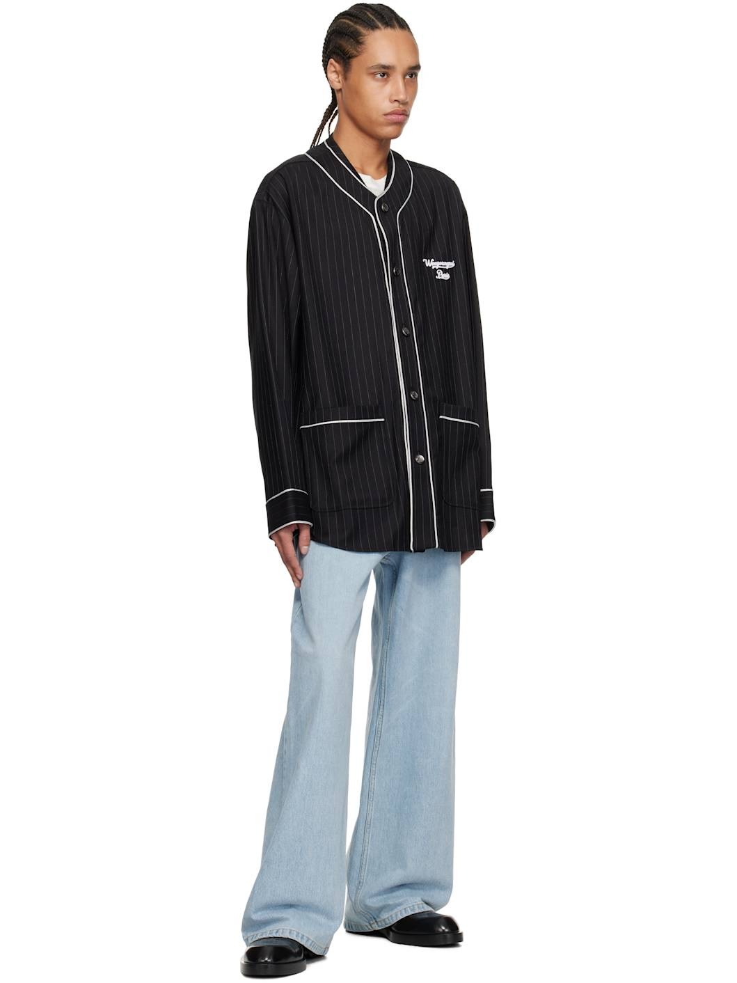 Black Wool Stripe Baseball Shirt - 4