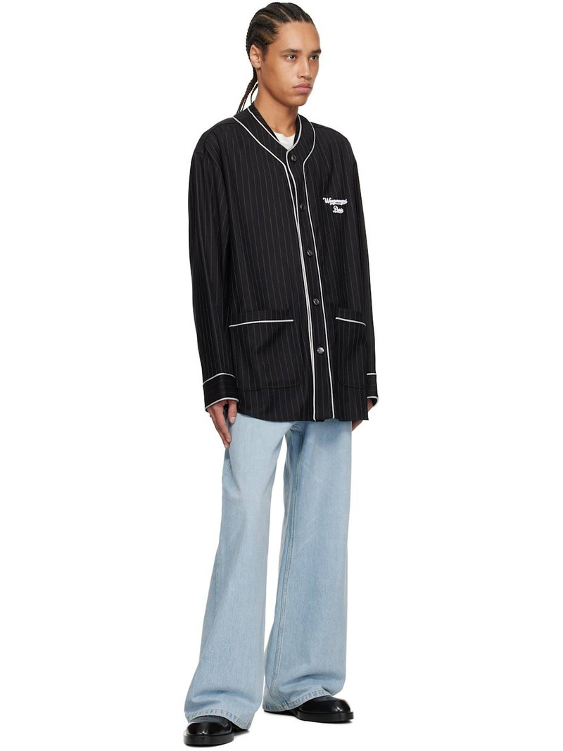 Wooyoungmi Black Wool Stripe Baseball Shirt outlook