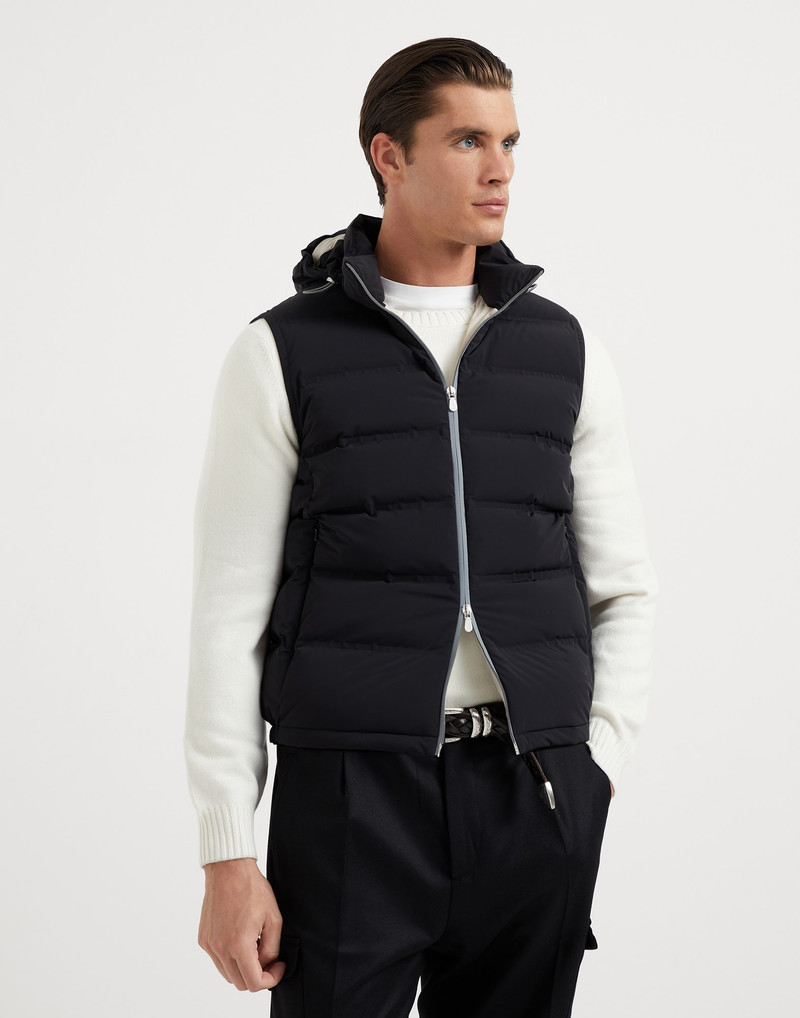 Bonded taffeta down vest with heat-bonded seams and detachable hood 1