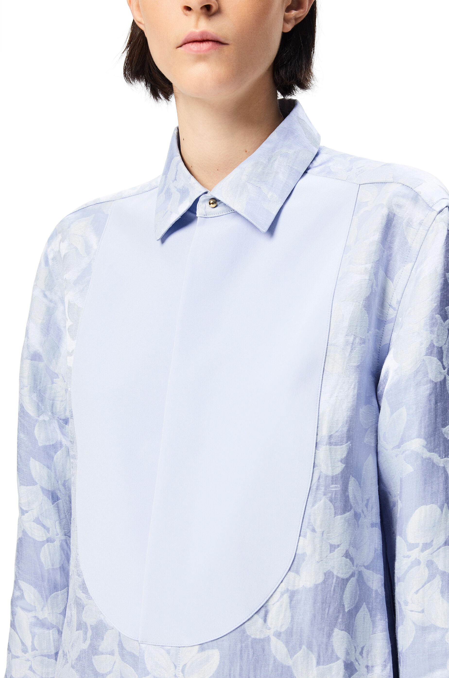 Flower jacquard bib shirt in linen and silk - 5