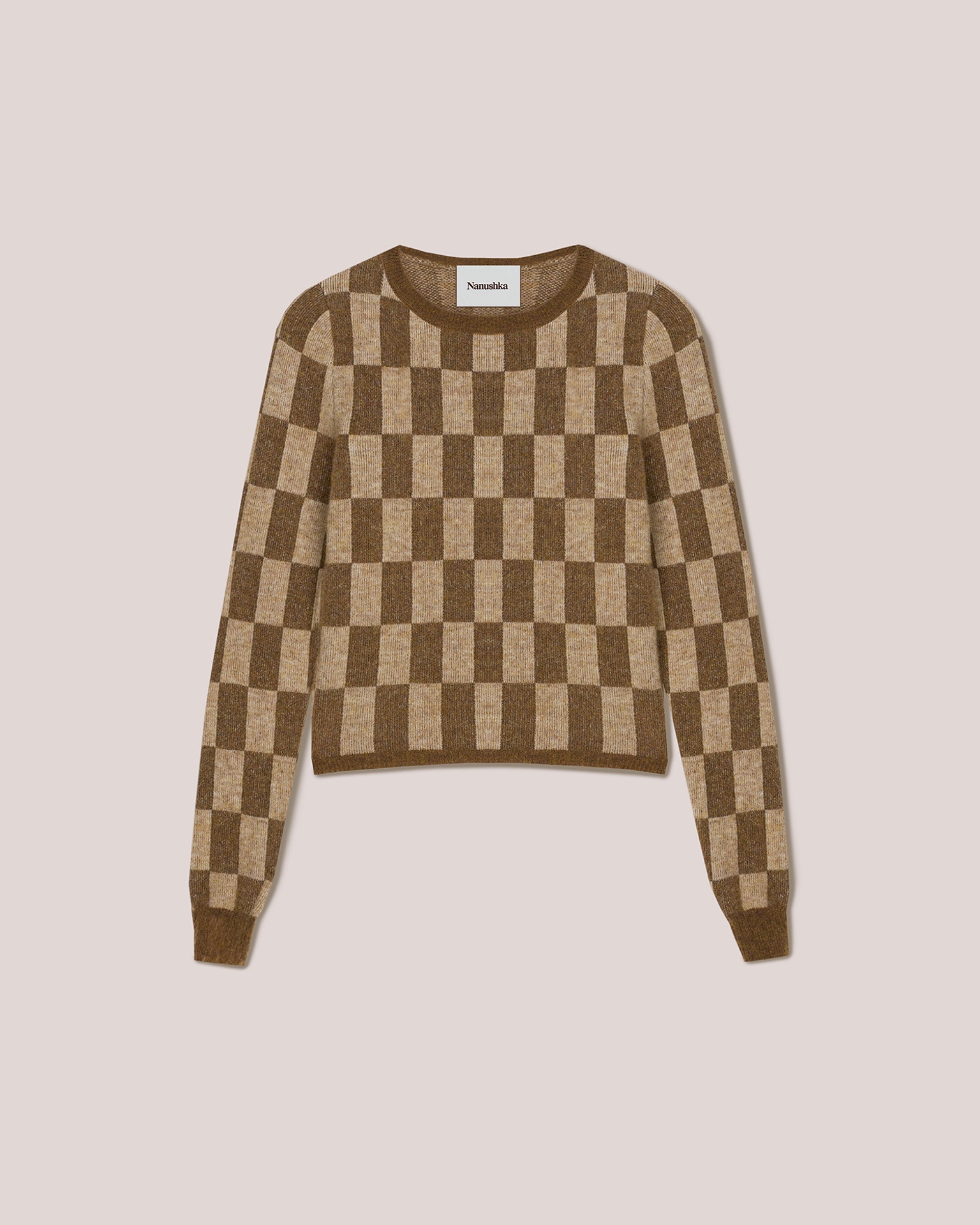 FELINE - Brushed alpaca checkered crew neck sweater - Creme&Brown - 1
