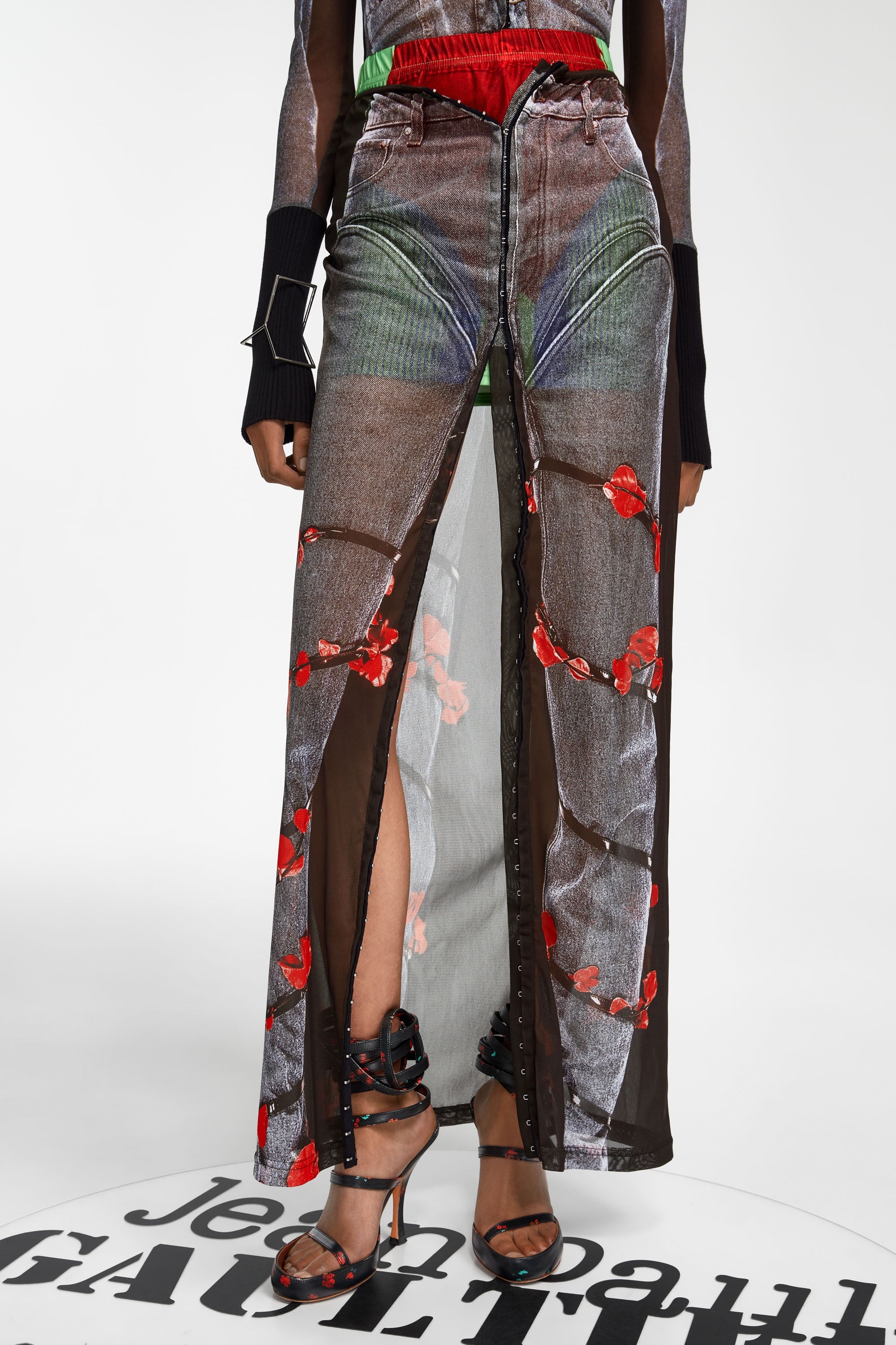 Trompe L'Oeil Denim Flower Maxi Skirt - 2