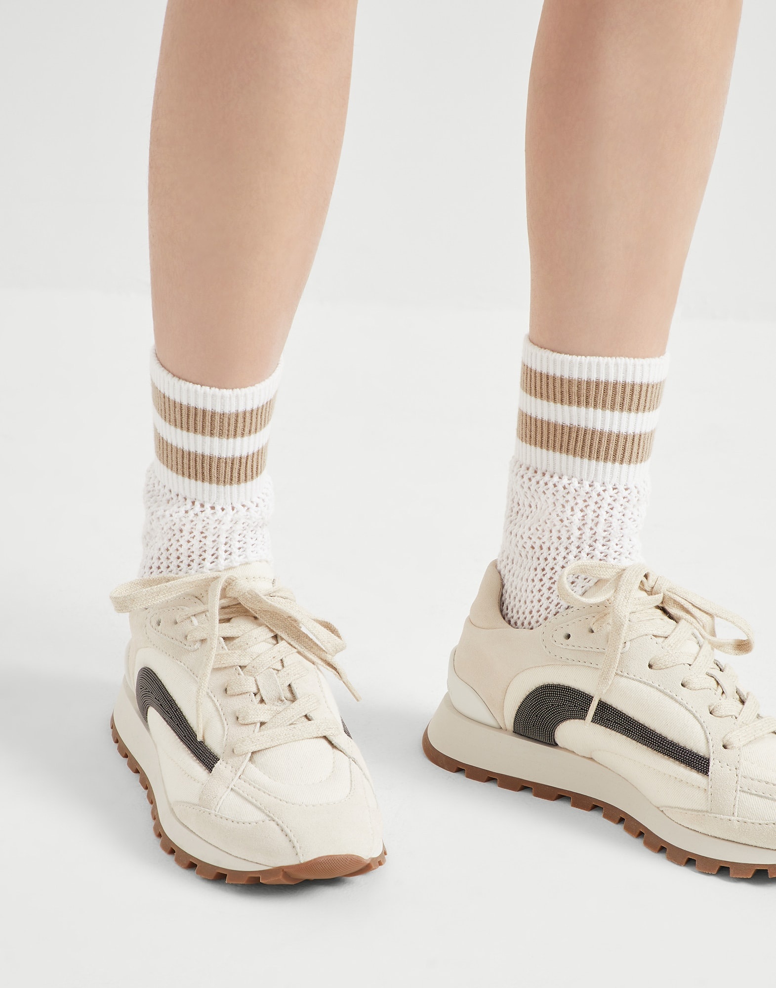 Cotton waffle stitch knit socks with stripes - 3