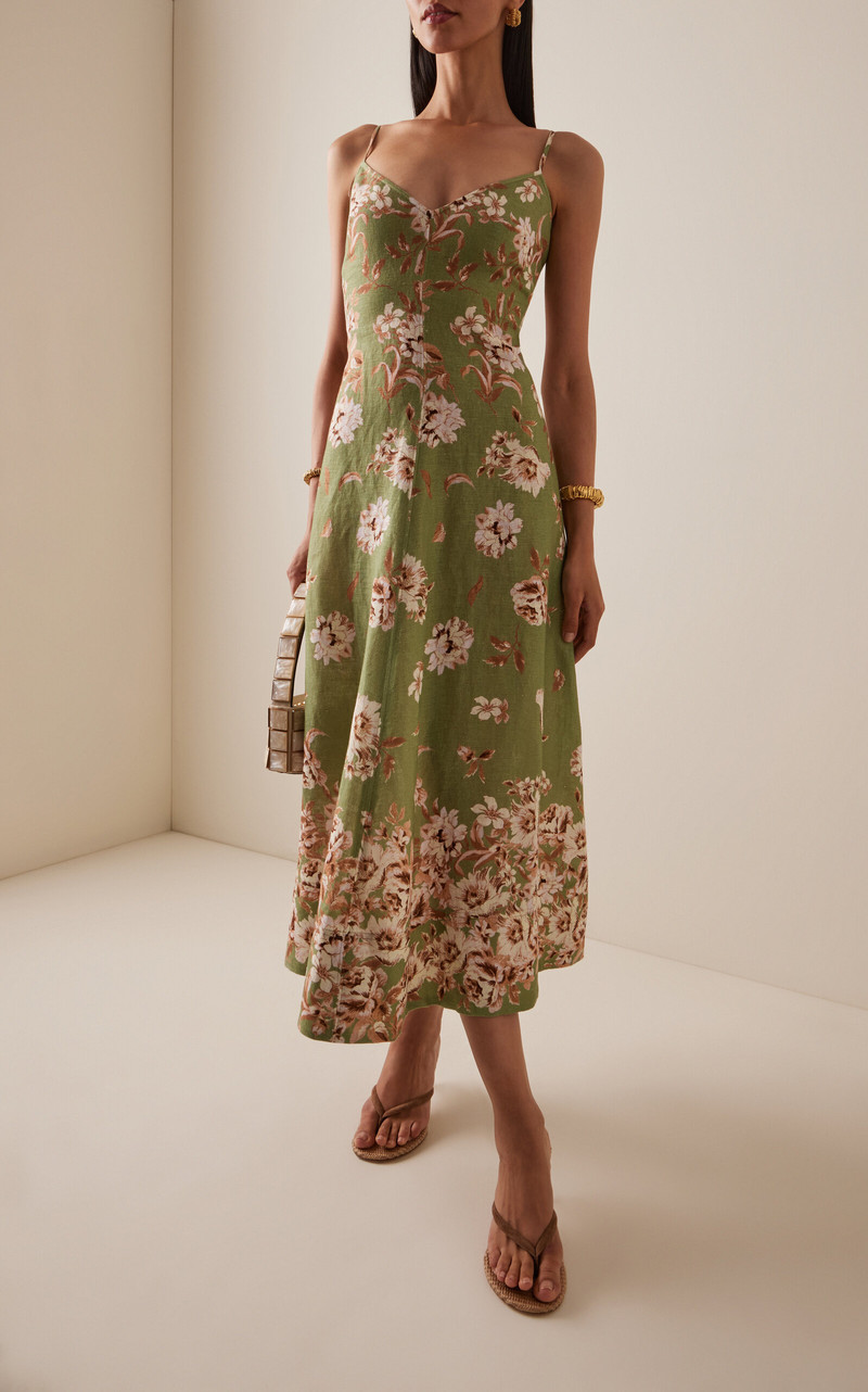 Cara Cara Mae Floral Linen Midi Dress green outlook