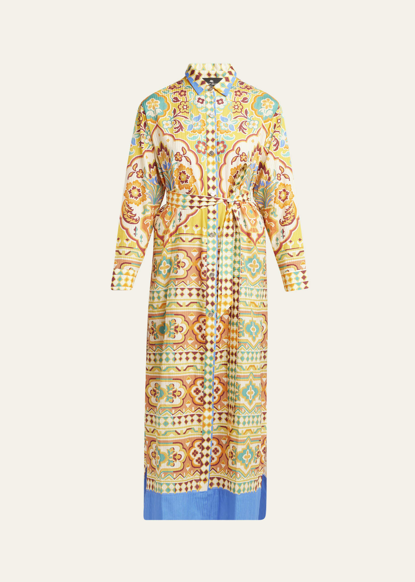 Tile-Print Belted Long-Sleeve Midi Shirtdress - 1