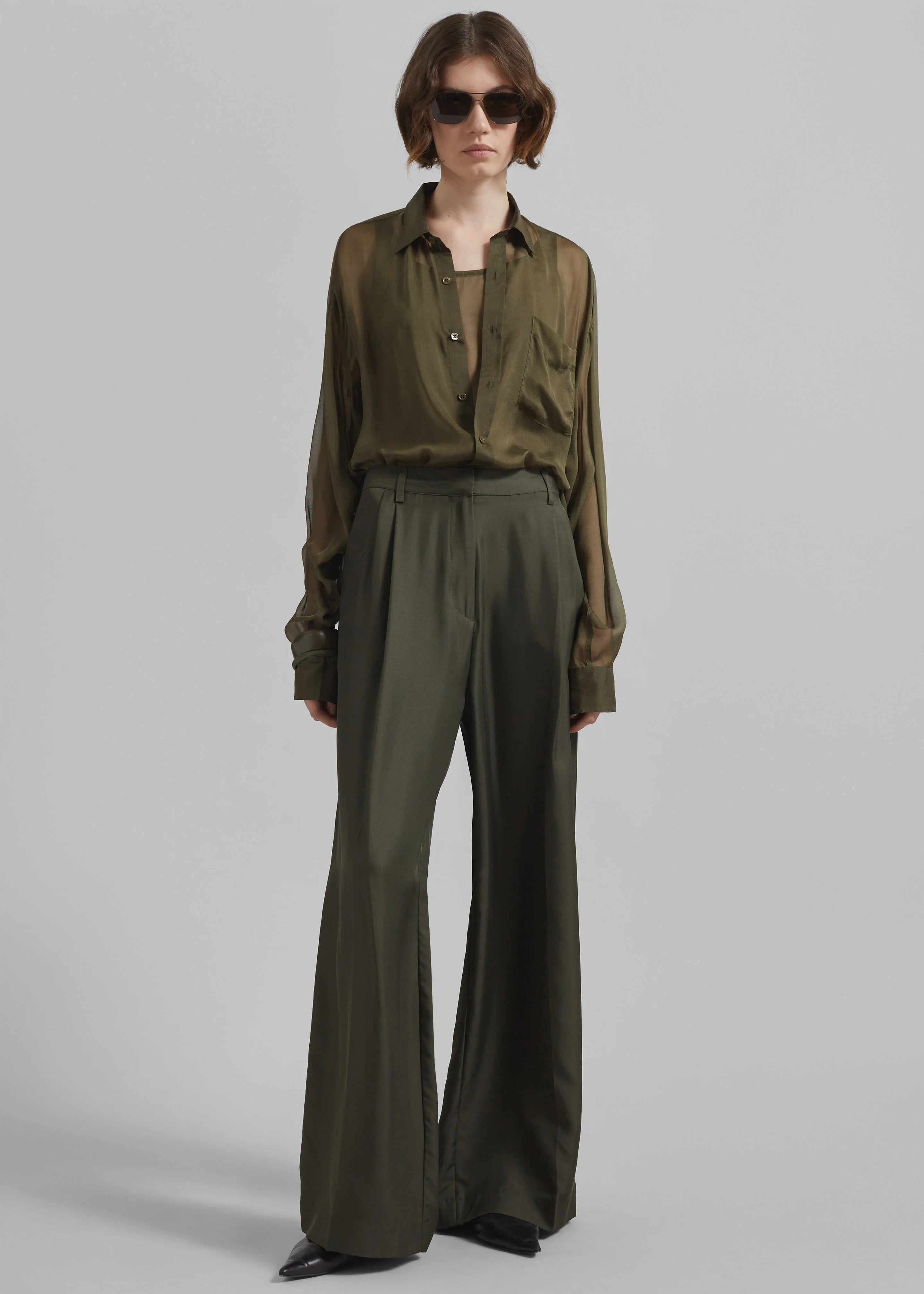 Marfa Pleated Silk Trousers - Khaki - 1