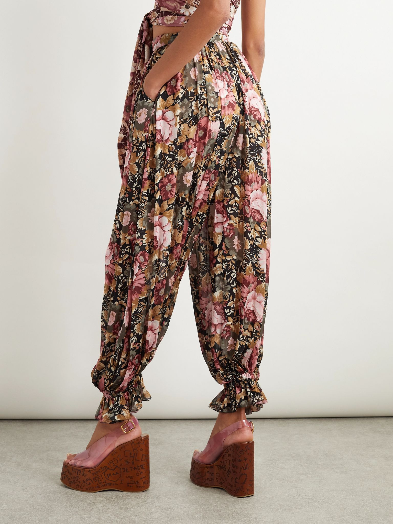 Pleated cropped floral-print silk-charmeuse wide-leg pants Pink - 3