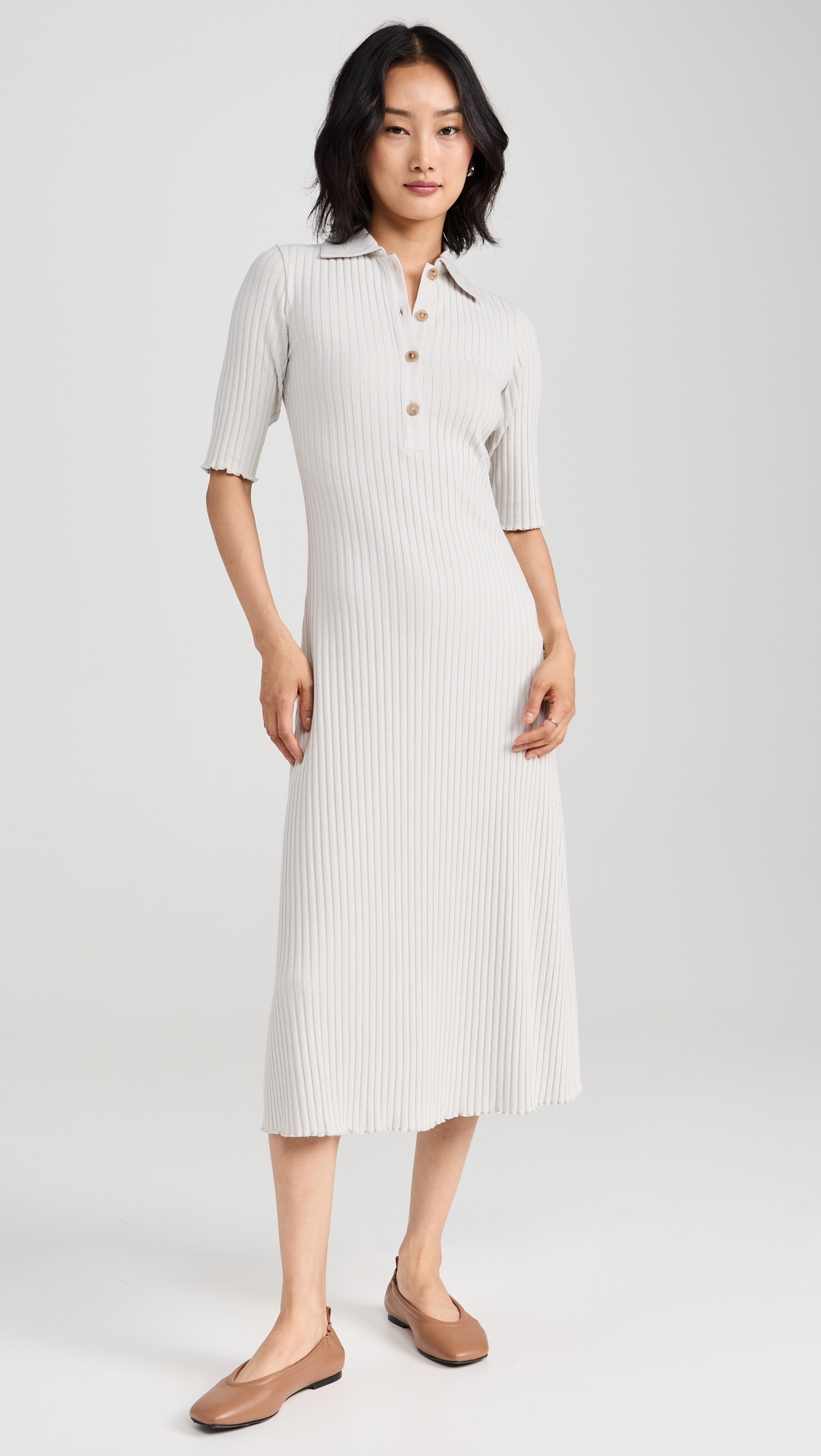 Rib Elbow Sleeve Polo Midi Dress - 6