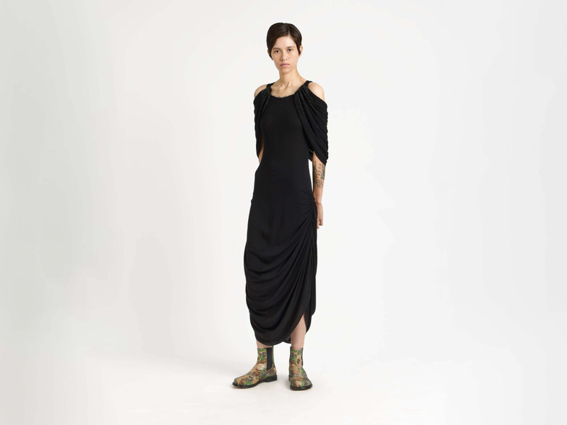 JW Anderson WOMENS BEADED SLEEVE MIDI DRESS IN BLACK outlook
