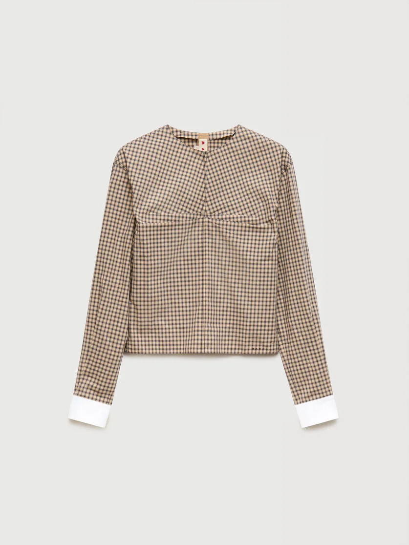 BROWN CHECKED POPLIN TOP WITH RUCHED FRONT - 1