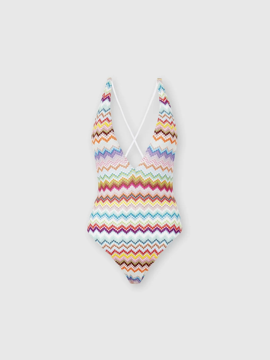 One-piece swimsuit in lamé viscose with pixel-effect zigzag pattern and V-neckline - 1