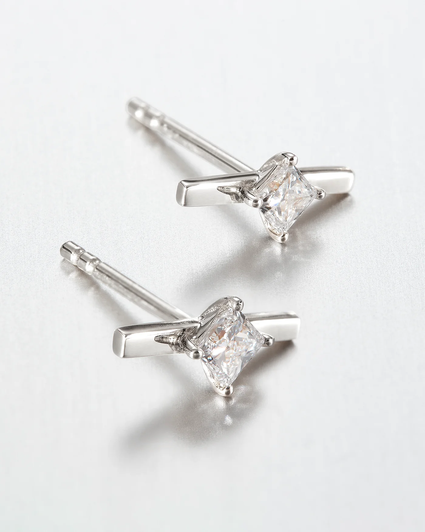 14K Princess Cut Diamond Bar Stud Earrings - 1
