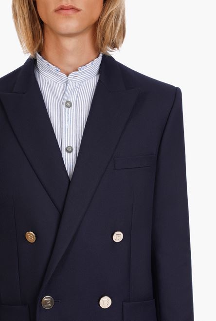 Navy blue wool blazer with double-breasted silver-tone buttoned fastening - 8