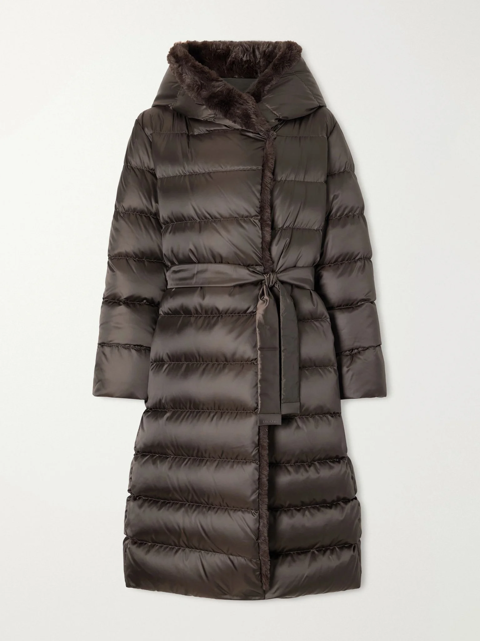 Medusa hooded belted quilted plush-trimmed shell down coat Dark brown - 1