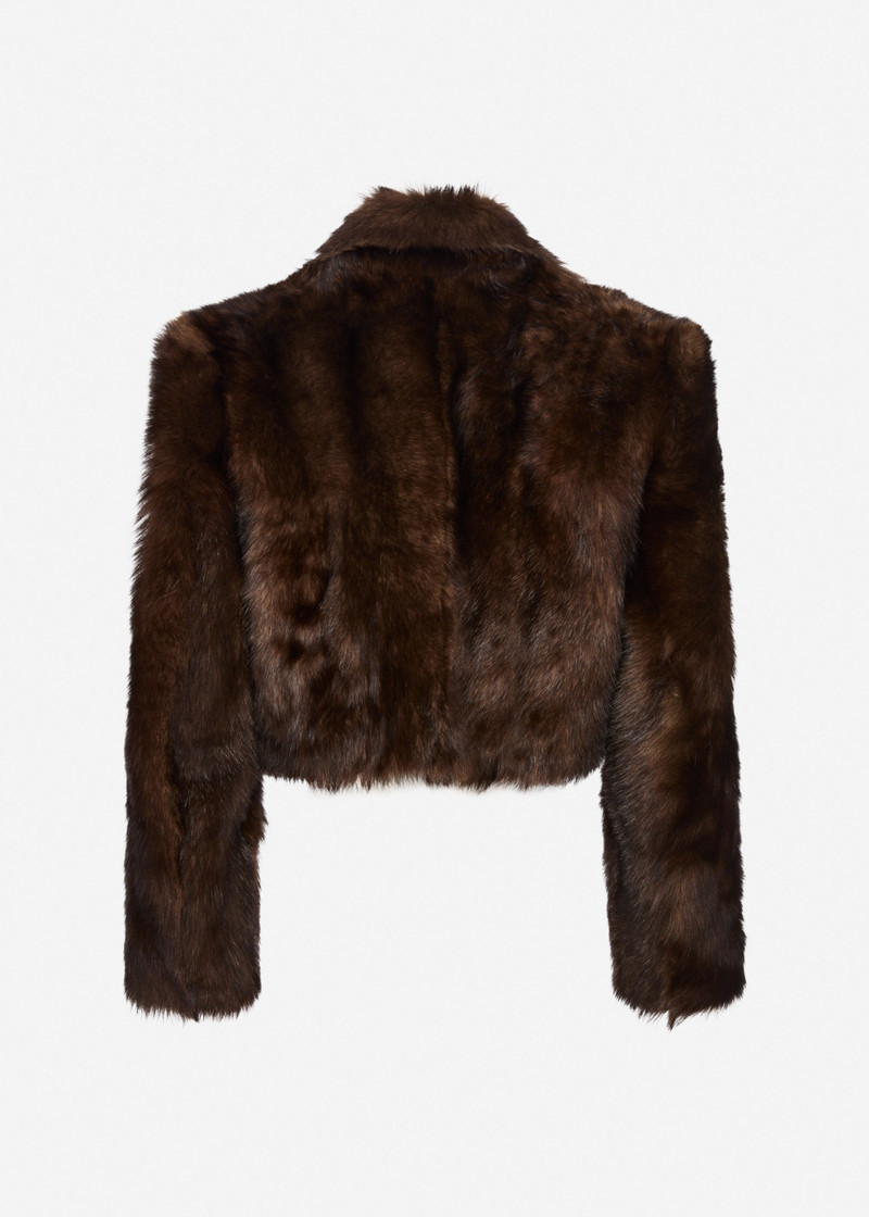 Cropped faux fur jacket in brown with embroidered lining 2