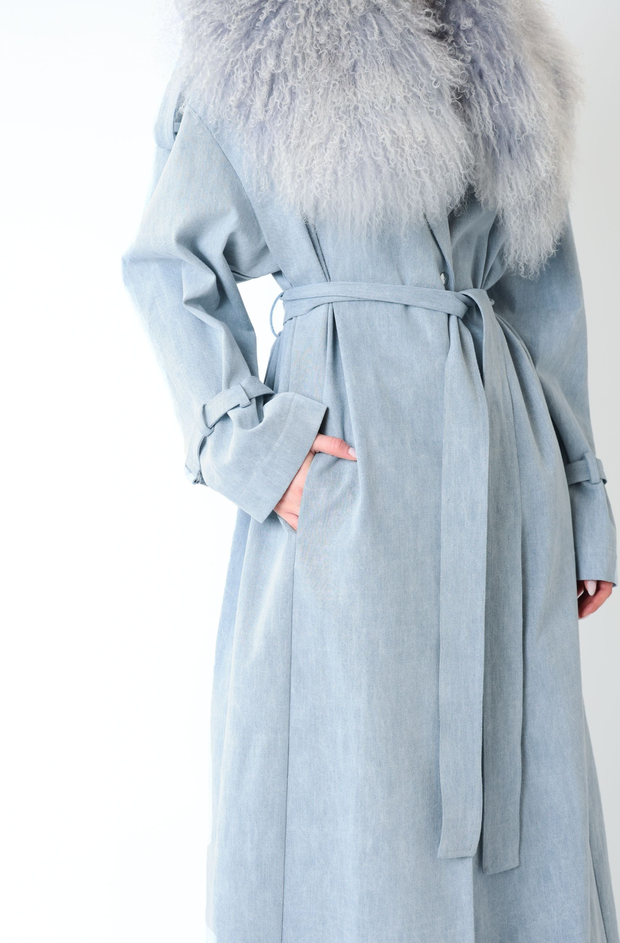 Washed Denim Relaxed Trench With Mongolian - 5