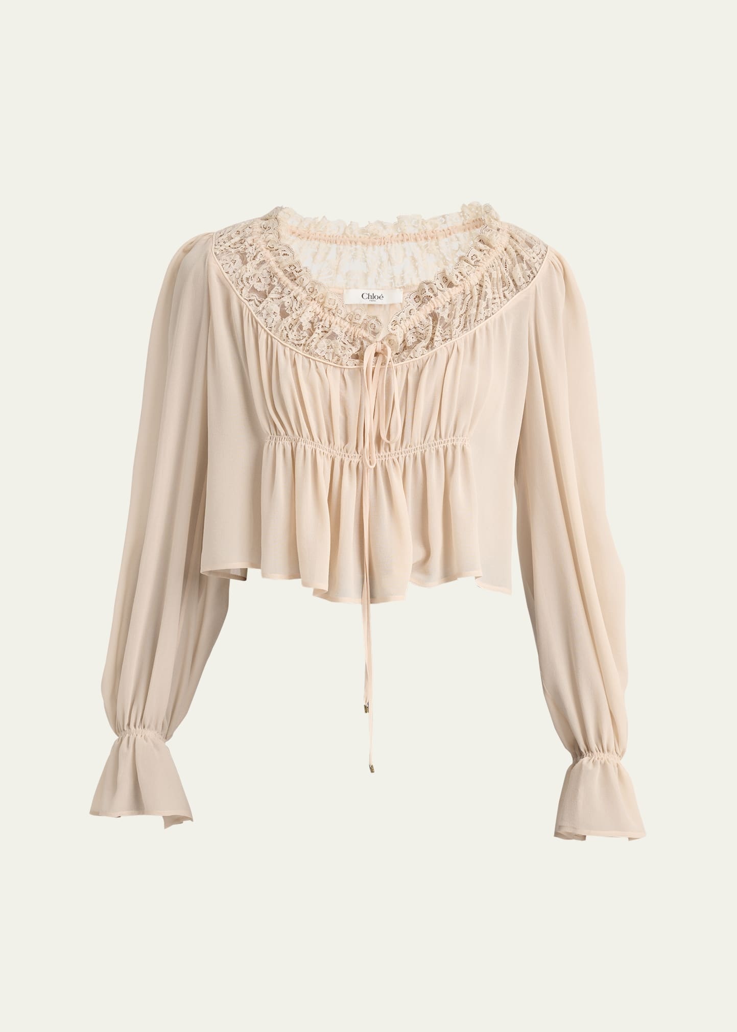 Ruched Lace Silk Peasant Blouse - 1