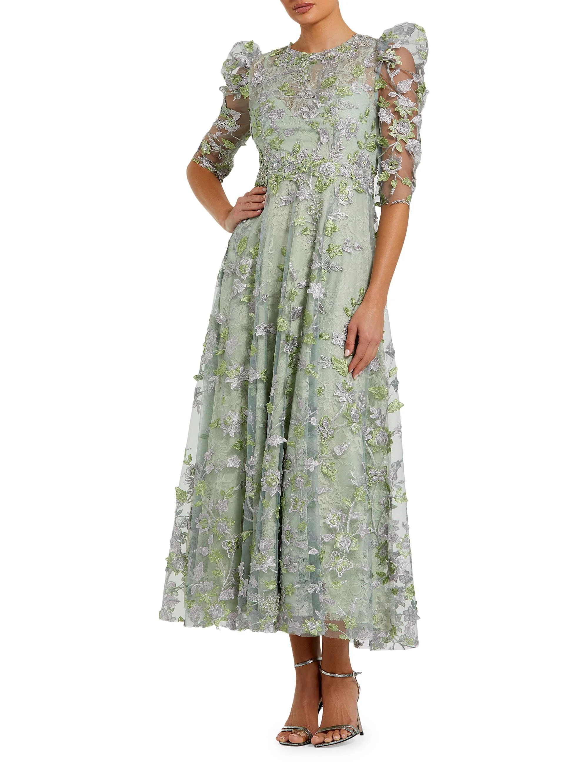 Women's Floral Appliqué Puff-Sleeve Maxi Dress - Sage - 1
