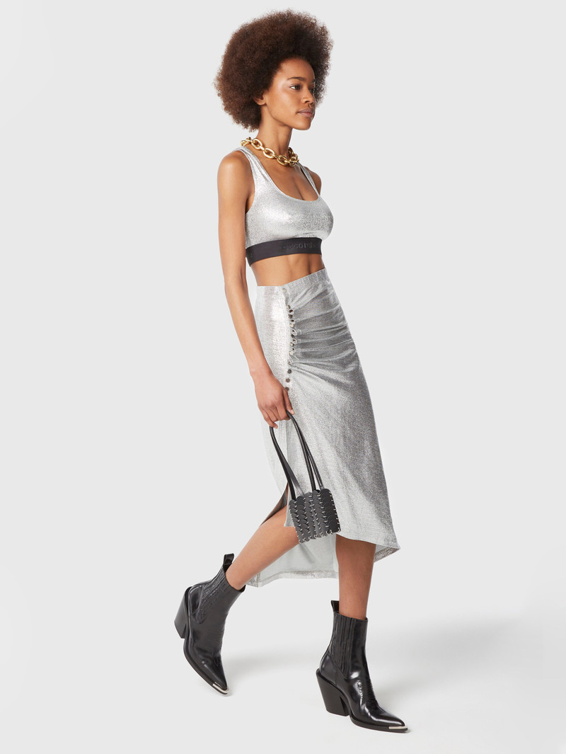 SILVER MID-LENGTH DRAPÉ PRESSION SLIT SKIRT 1