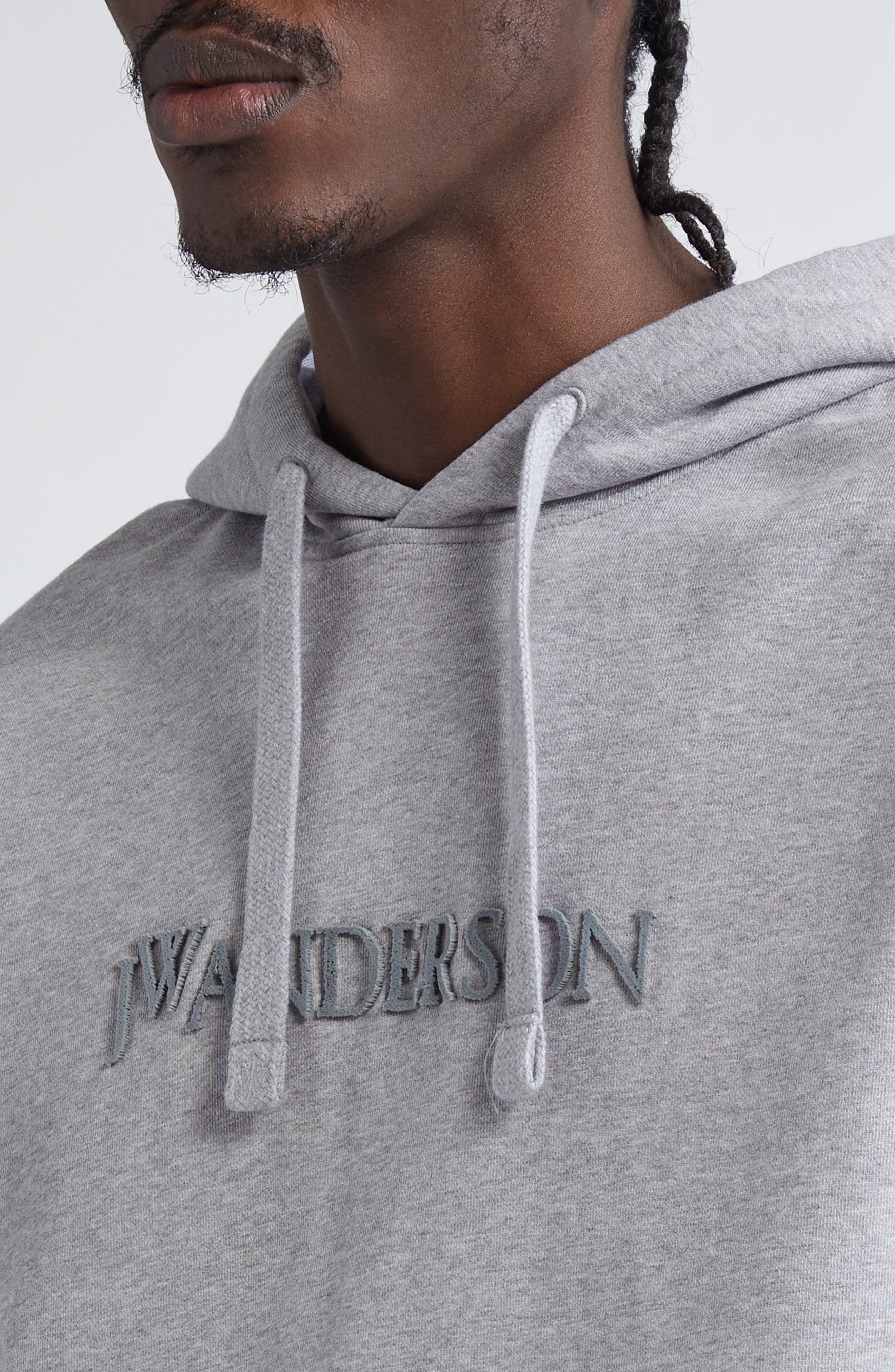 JW Anderson Logo Embroidered Hoodie in Grey Melange at Nordstrom - 5