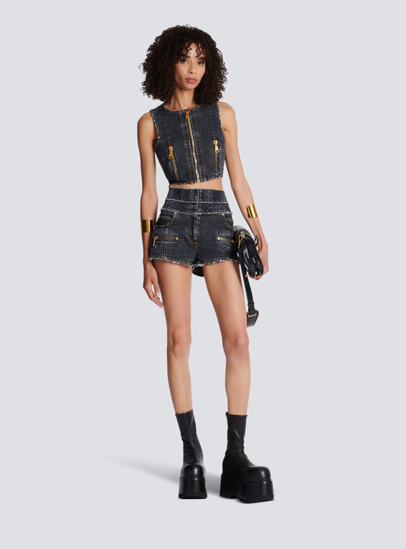 Balmain High-waisted faded denim mini-shorts outlook