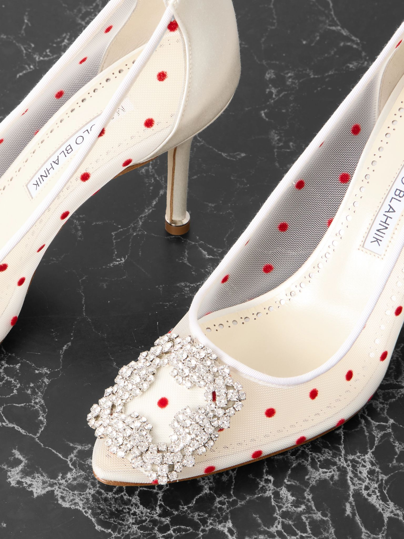 Hangisi 90 satin-trimmed crystal-embellished flocked mesh pumps White - 4