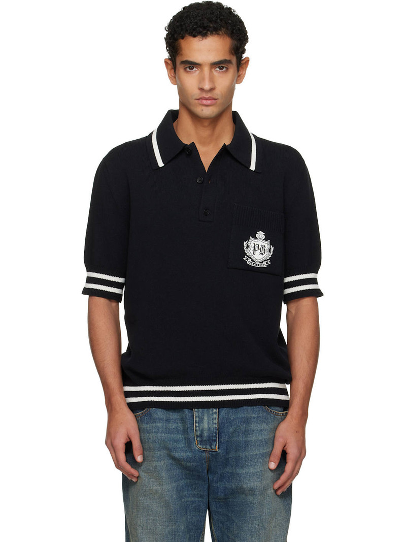 Black College Emblem Embroidery Knit Polo 1