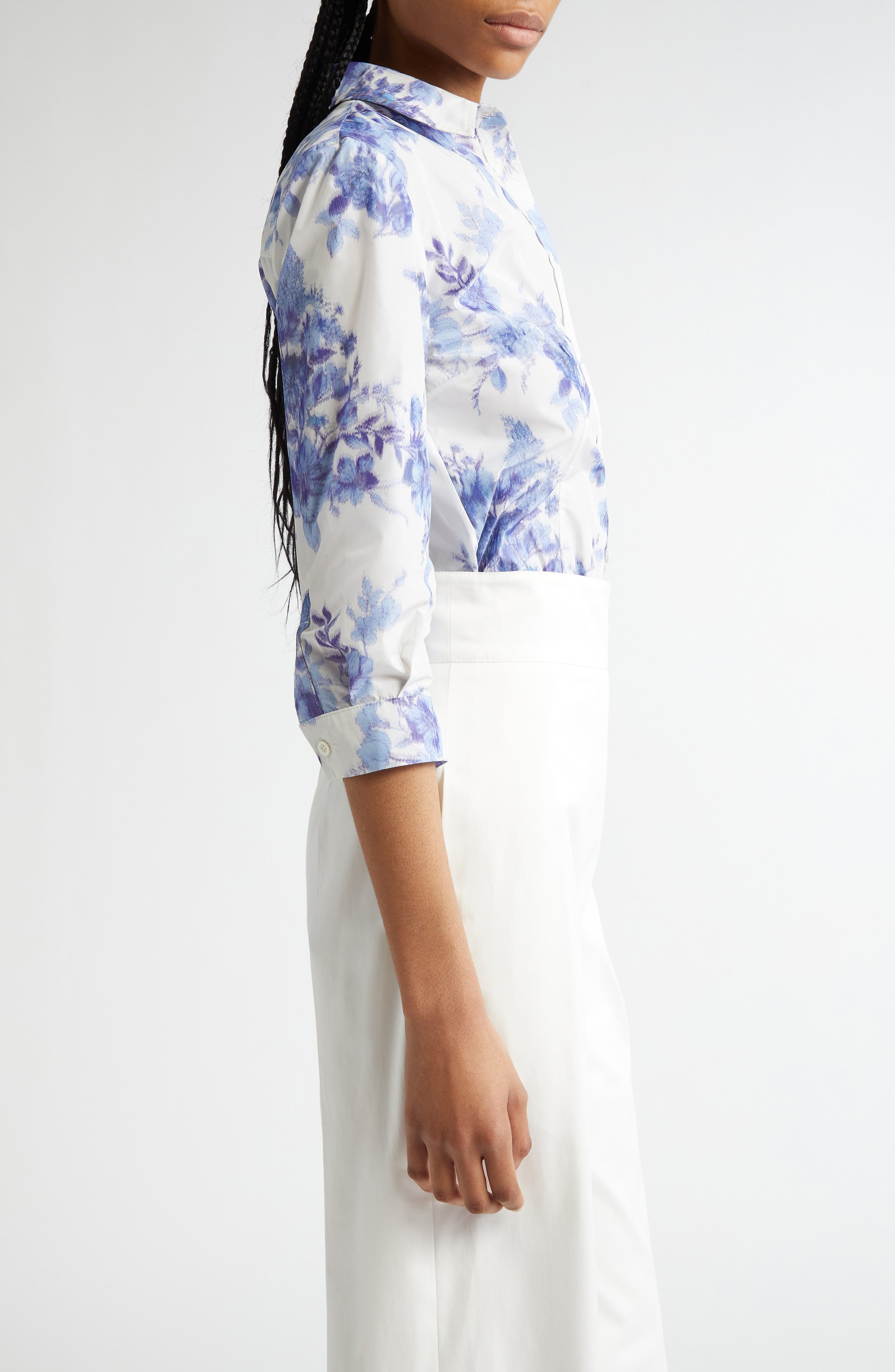 Carolina Herrera Icon Floral Taffeta Button-Up Shirt in Ivory/Blue at Nordstrom - 4