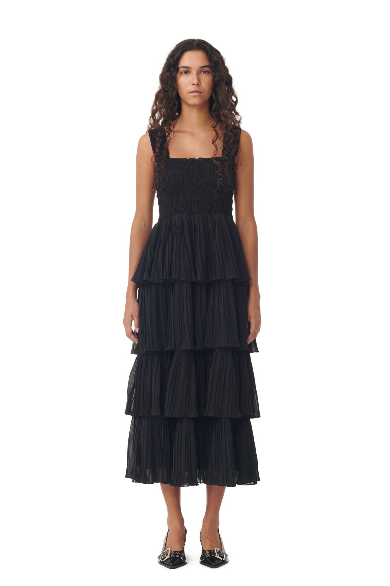 BLACK PLEATED GEORGETTE FLOUNCE SMOCK MIDI DRESS - 2