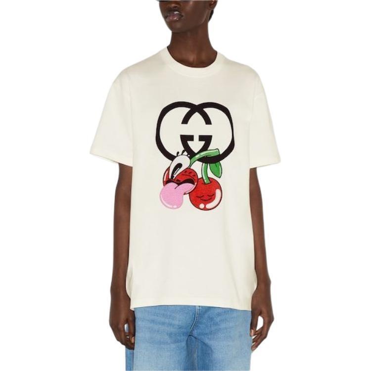 (WMNS) Gucci Cotton Jersey Printed T-Shirt 'Off White' 776596-XJGHP-9088 - 4