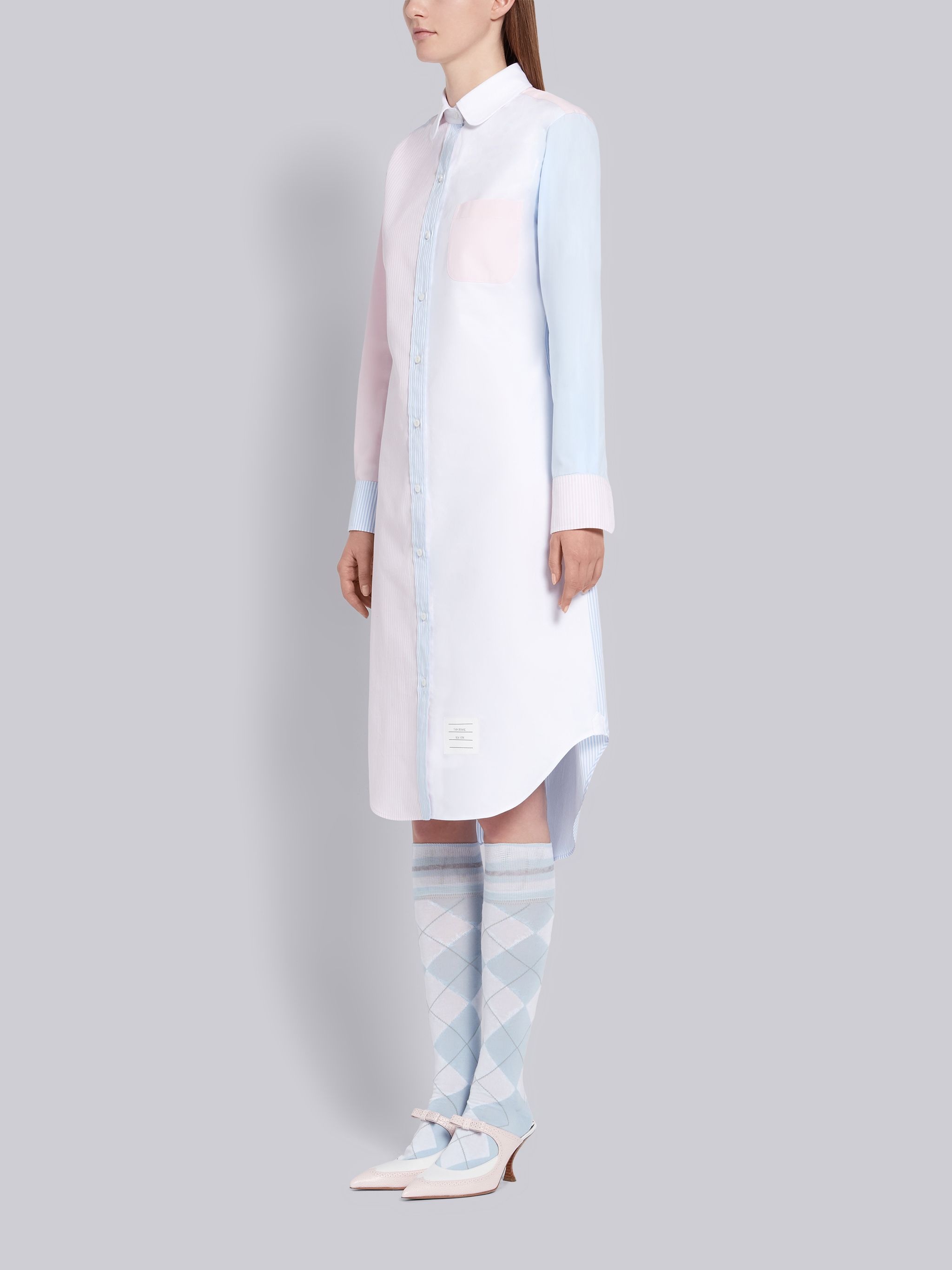 Light Pink Fun-mix Cotton Poplin University Stripe Round Collar Classic Long Sleeve Shirtdress - 2