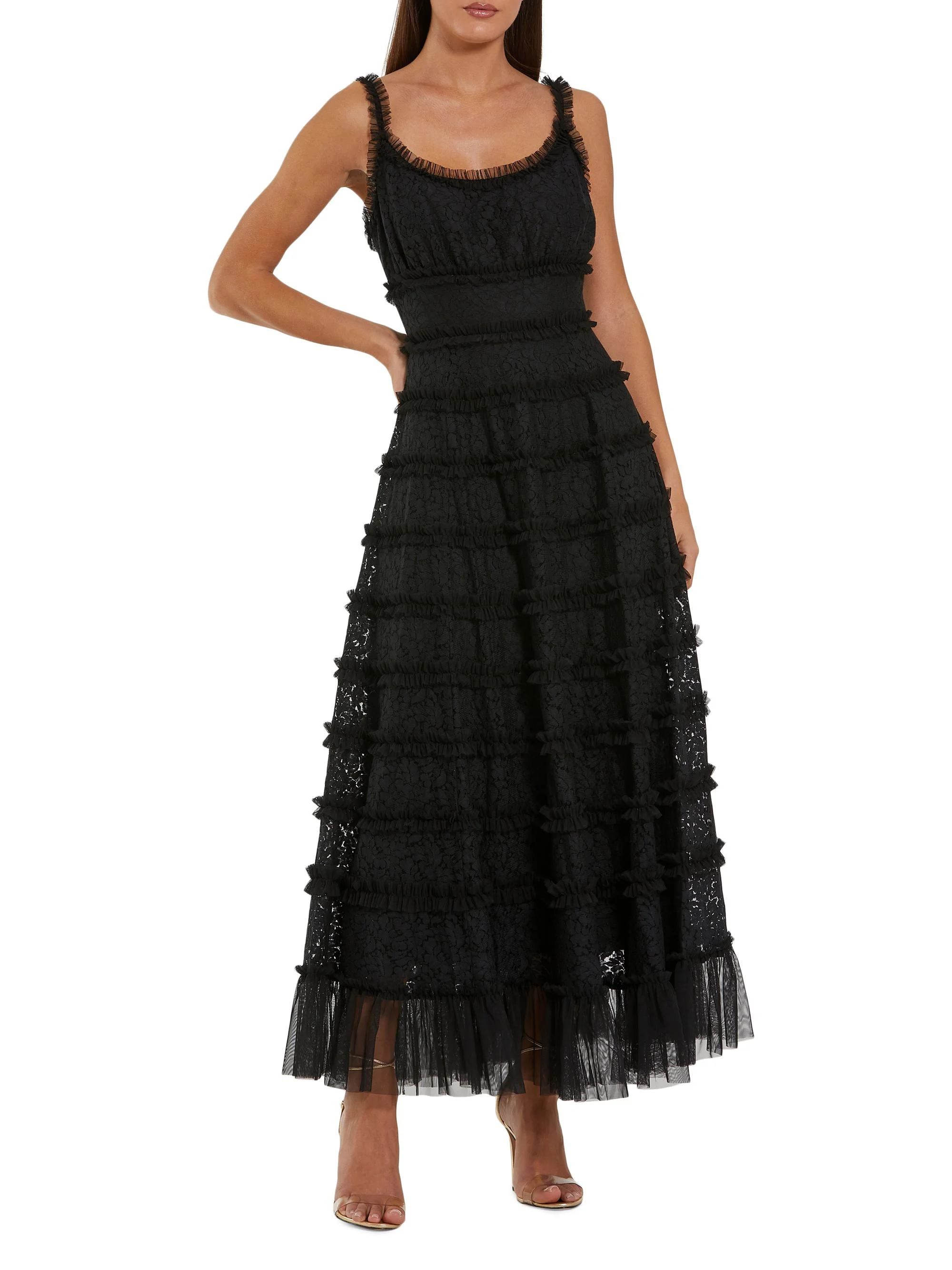 Women's Ruffled Lace Midi-Dress - Black - 1