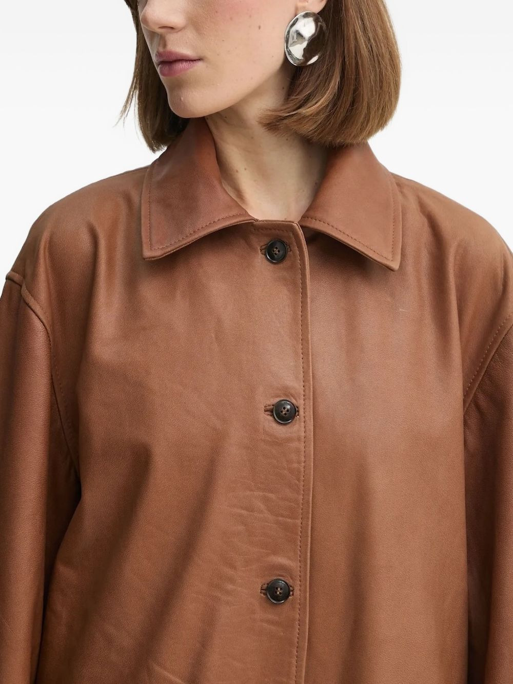 button-fastening leather coat - 4