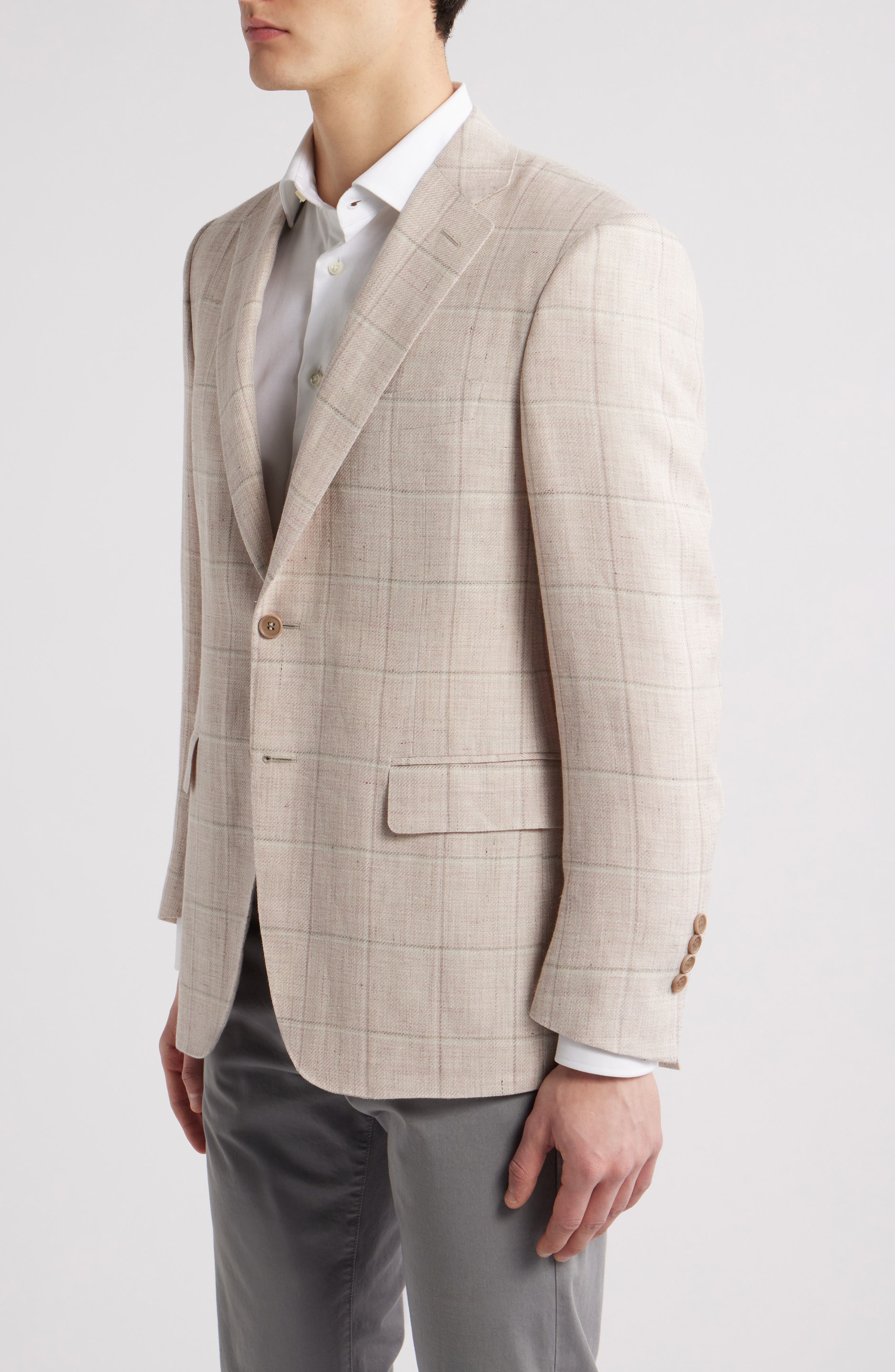 Canali Siena Regular Fit Windowpane Check Linen & Wool Twill Sport Coat in Pink at Nordstrom - 3