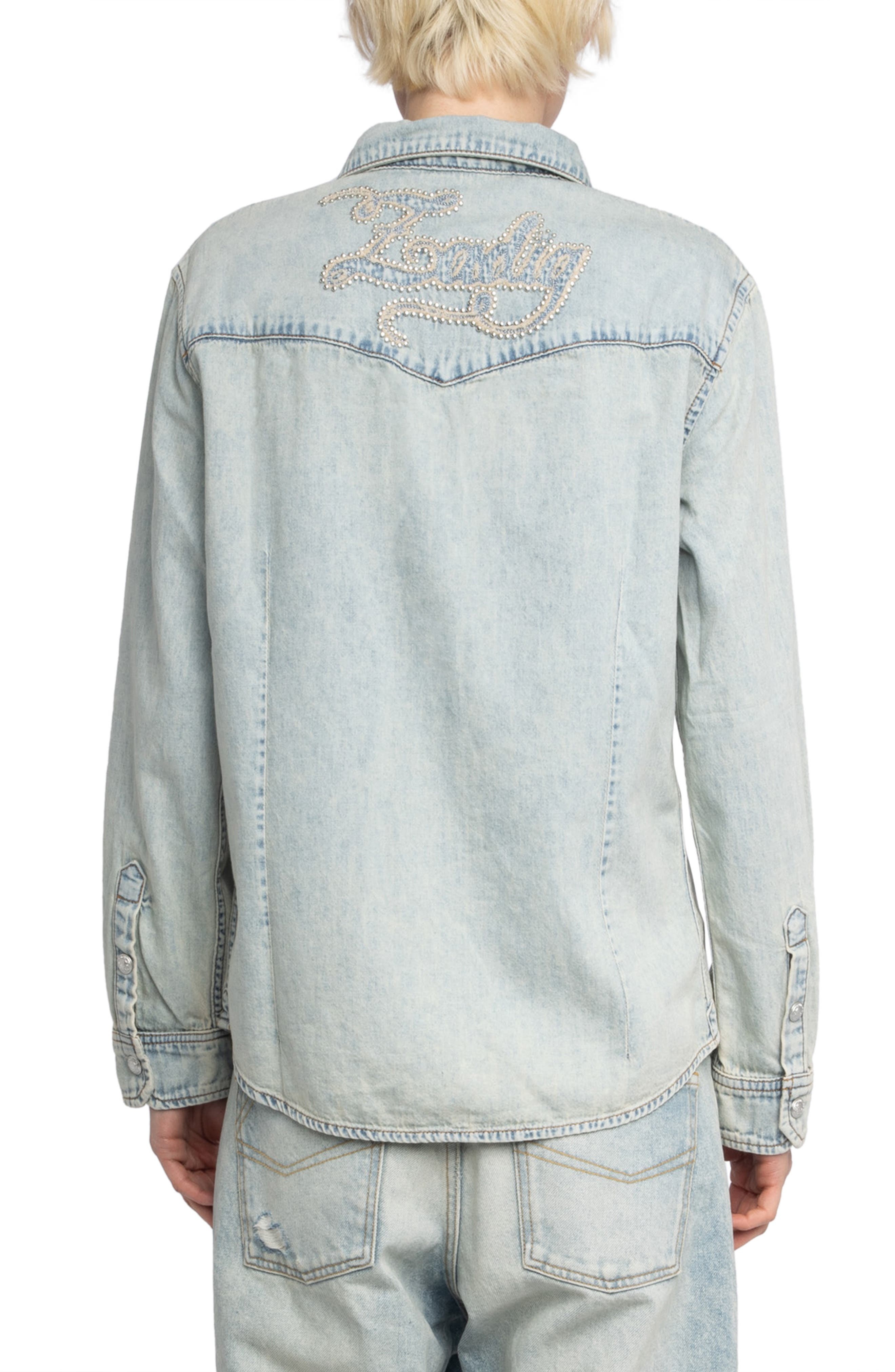 Zadig & Voltaire Saby Studded Denim Button-Up Shirt in Light Blue at Nordstrom - 2