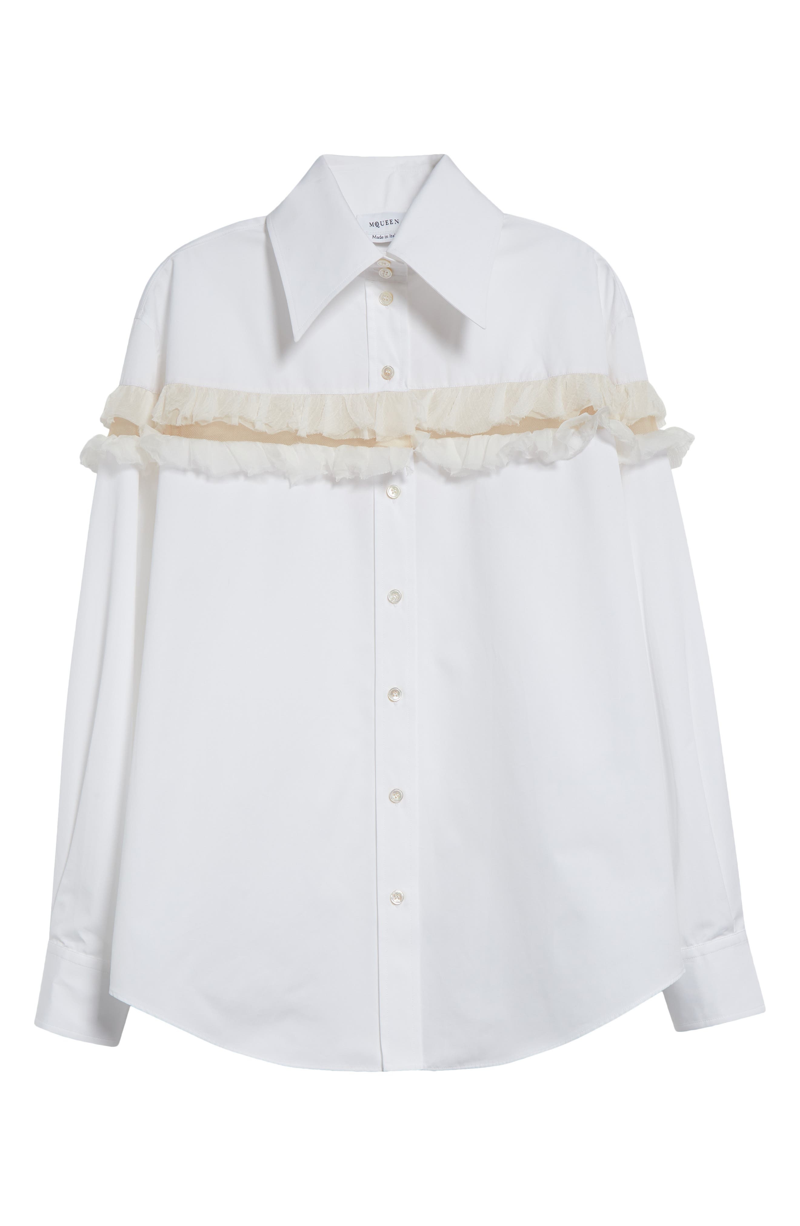 McQueen Ruffle Mesh Inset Cotton Button-Up Shirt in Optical White at Nordstrom - 5