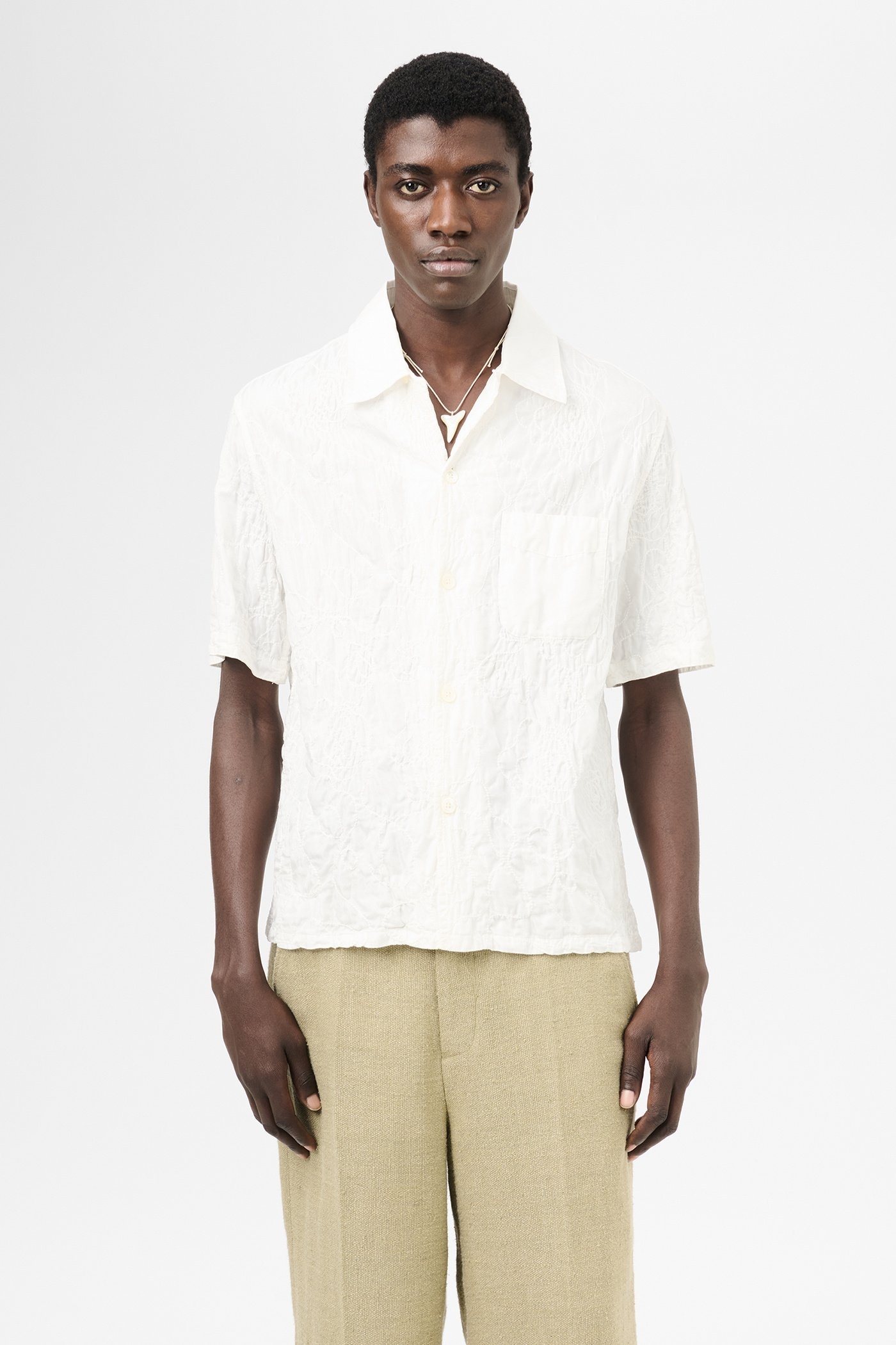 Heusen Shirt Shortsleeve White Flower Embroidery - 3
