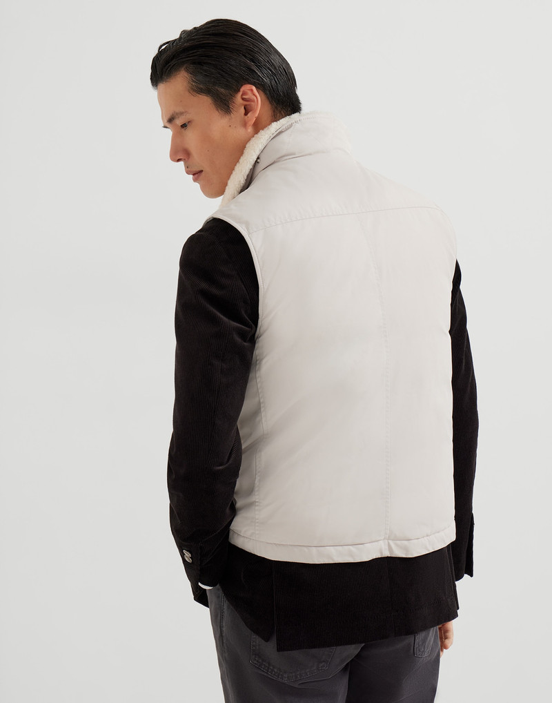 Brunello Cucinelli Techno satin down vest with leather details and detachable shearling collar outlook