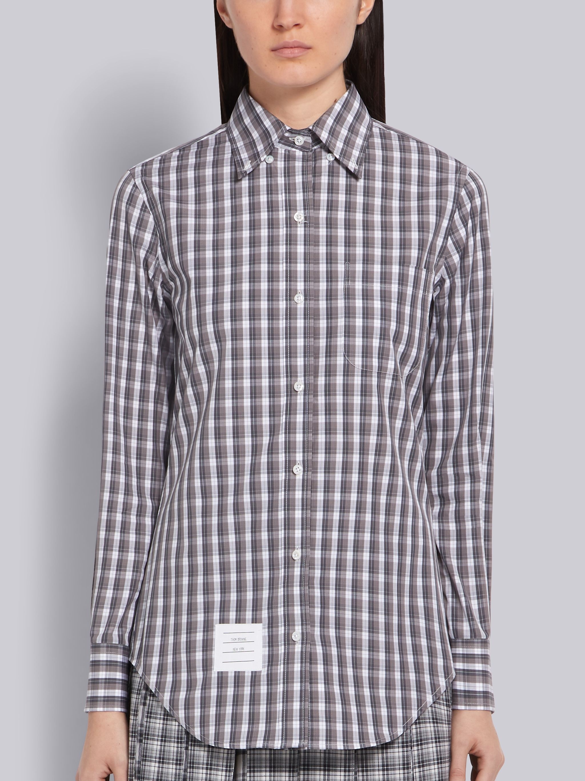 Medium Grey Poplin Micro Buffalo Check Long Sleeve Button Down - 3