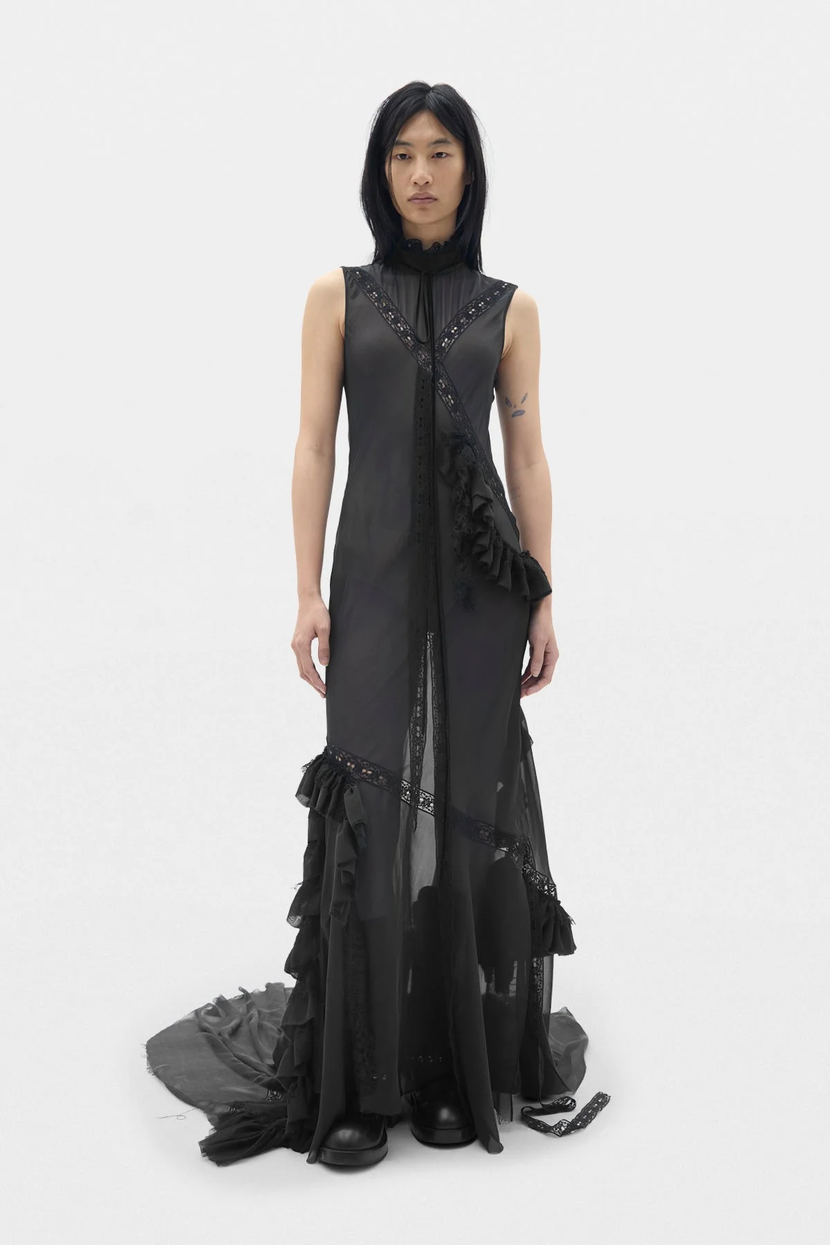 Monia X-Long High Neck Bias Dress With Lace Inalys and Ruffles - 1
