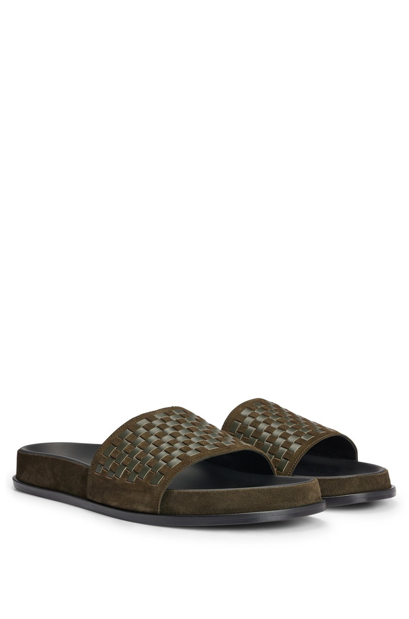 MIXED-LEATHER SLIDES WITH WOVEN UPPER STRAP 1