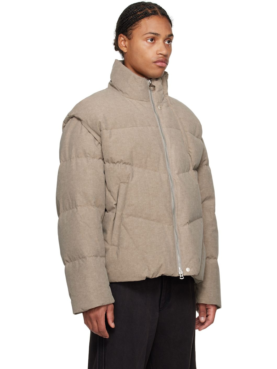 Taupe Detachable Sleeves Down Jacket - 2