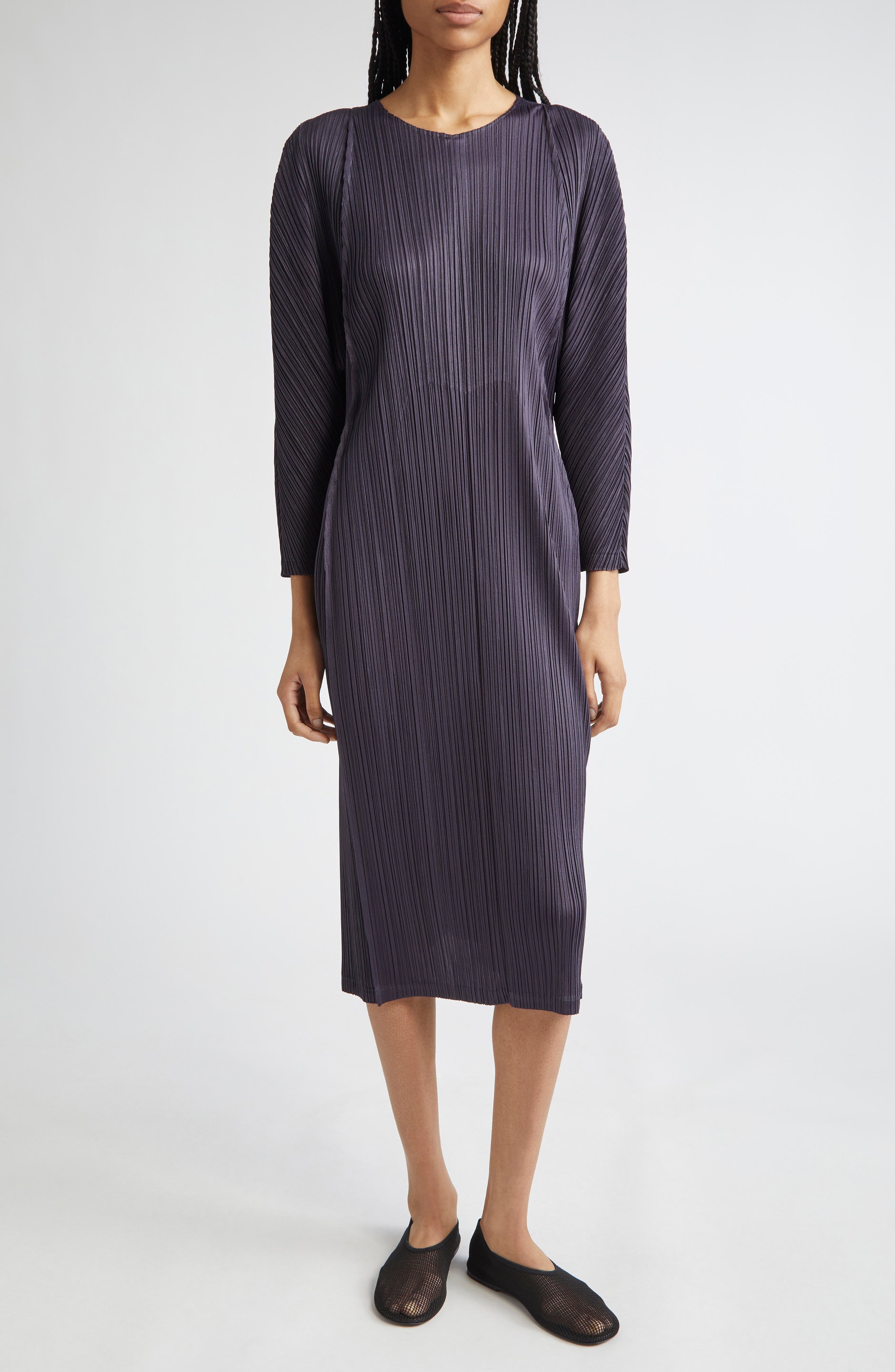 Pleats Please Issey Miyake Lantern Pleated Long Sleeve Midi Dress in Blue Black at Nordstrom - 1