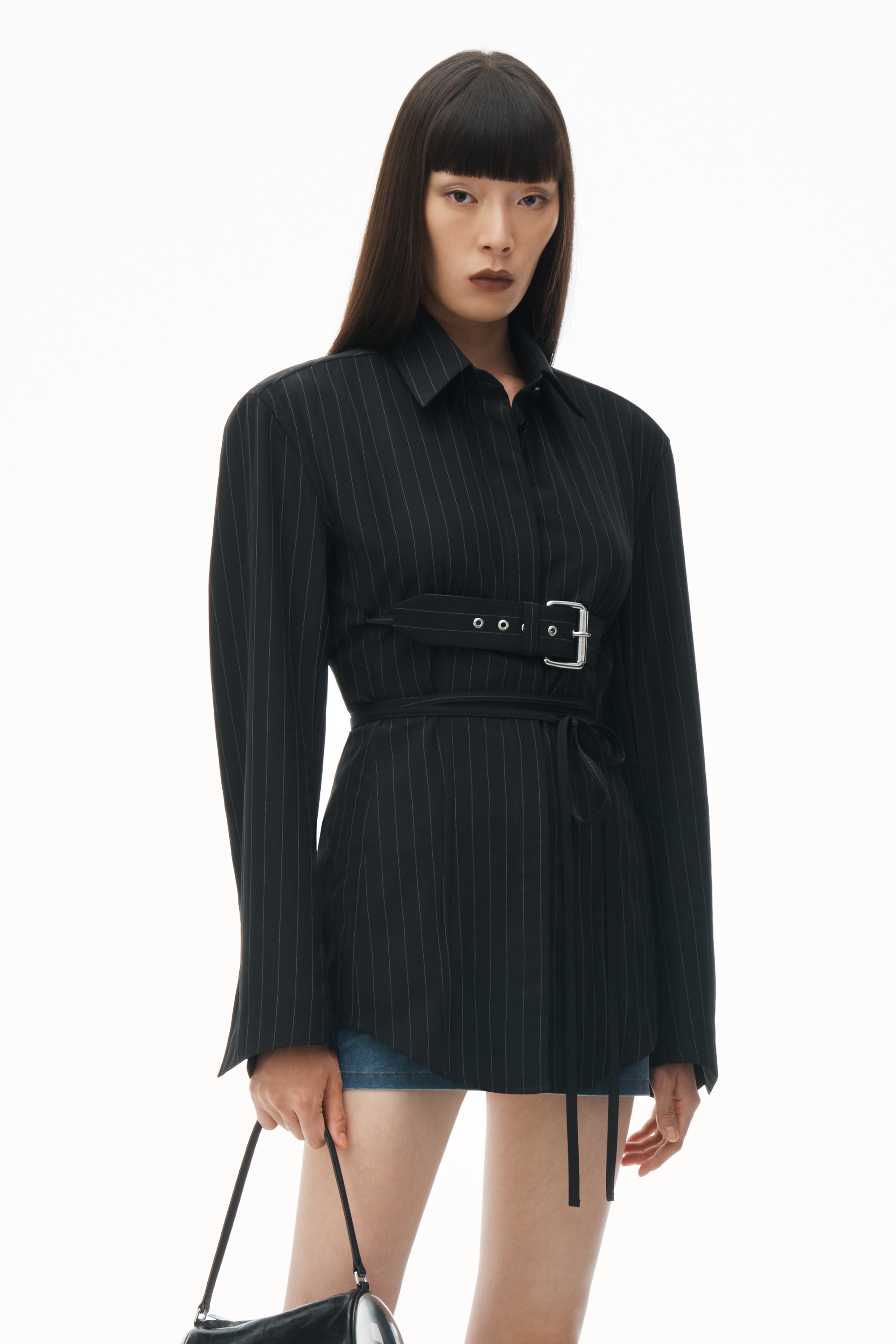 Long Sleeve Belted Shirt in Pinstripe Wool - 2