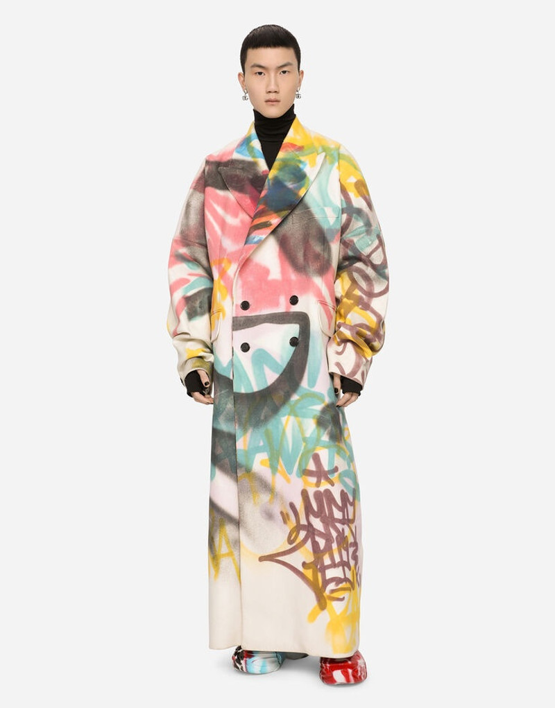Double-breasted coat with spray-paint graffiti print 1