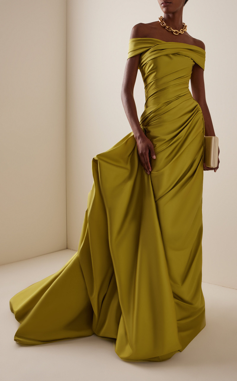 MARMAR HALIM Off-The-Shoulder Draped Taffeta Gown yellow outlook