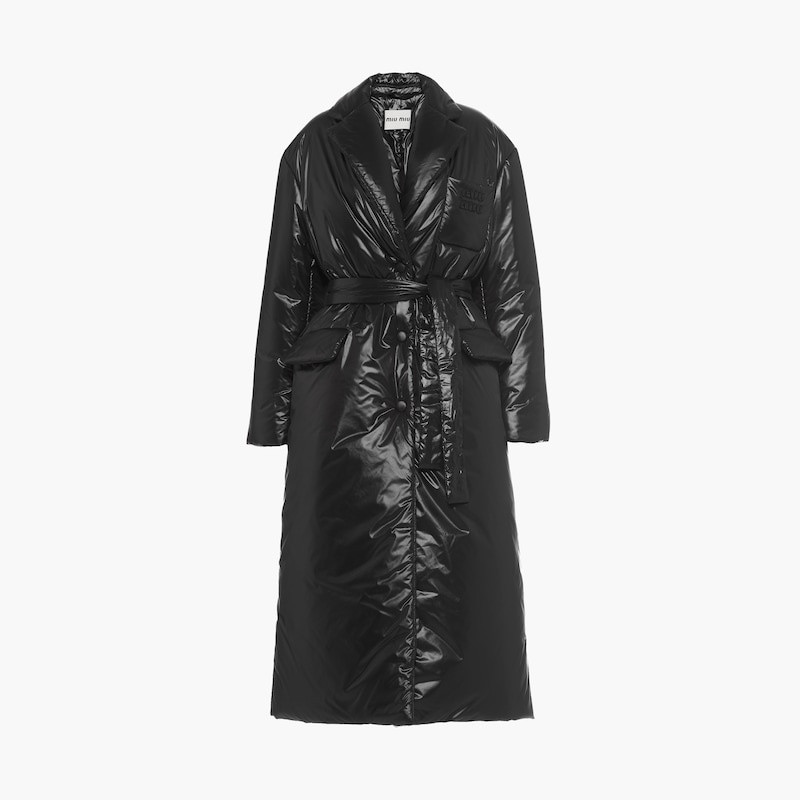 Miu Miu Belted nylon down coat outlook