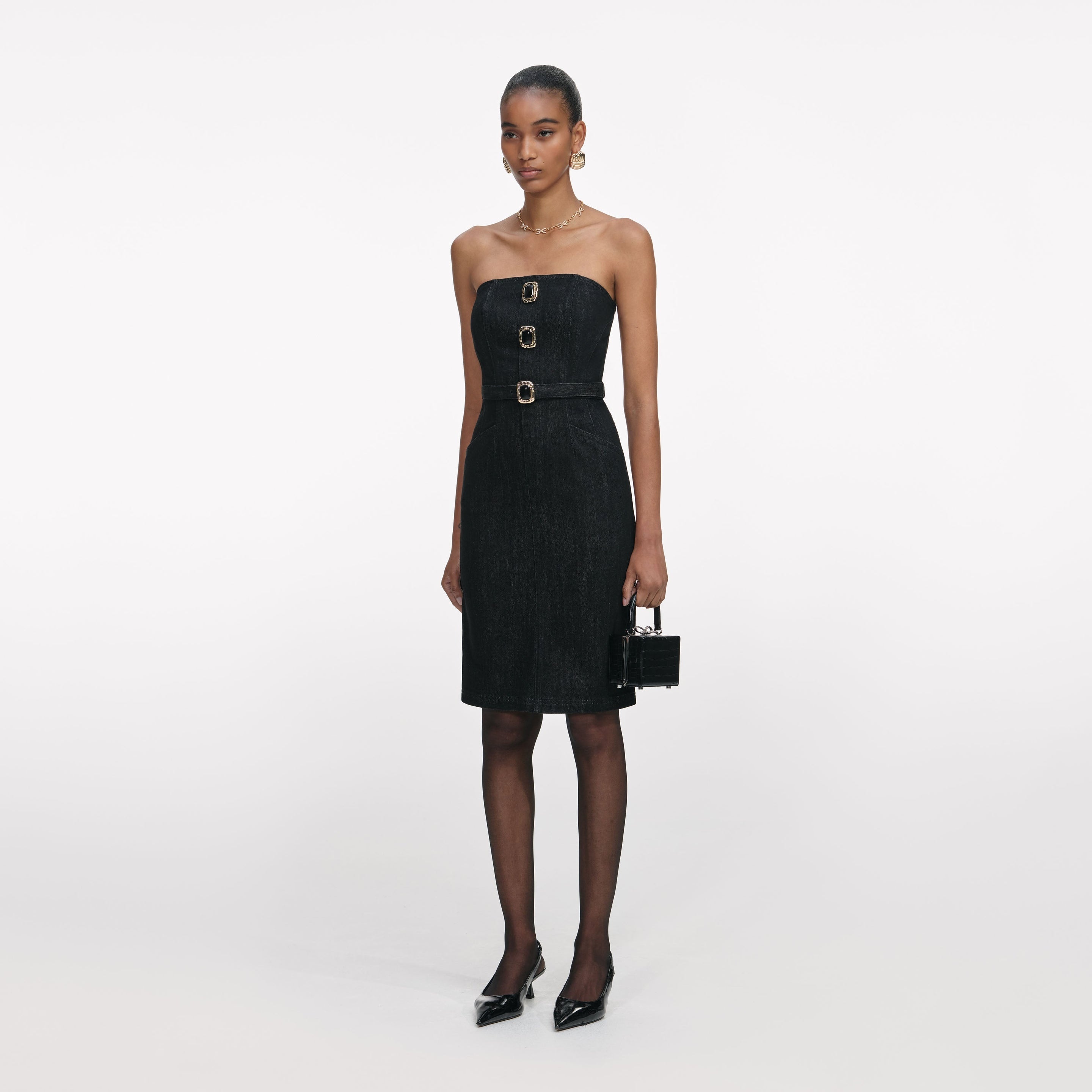Black Denim Bandeau Midi Dress - 2